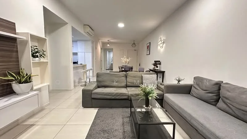 Living features: grey fabric L-shape sectional sofa, 2-seater grey fabric sofa, glass coffee table, area rug in dark grey, white painted walls, tile flooring, recessed downlights, wall-mounted decor, potted plants, open layout to kitchen, air conditioning unit; style: modern.