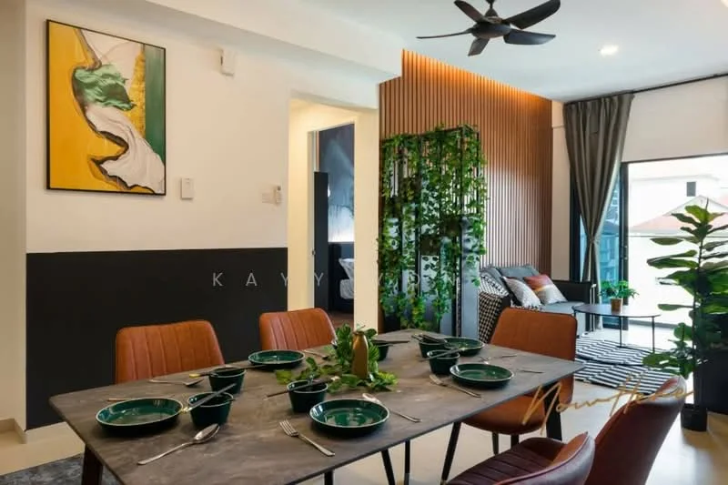 Dining features: 6-seater dining table, black stone tabletop, brown leather dining chairs, decorative plants on table, green ceramic plates, cutlery set, wall-mounted artwork, wooden accent wall, floor-to-ceiling windows with curtains, sofa with cushions in background, indoor plants, ceiling fan; style: modern; view: garden.