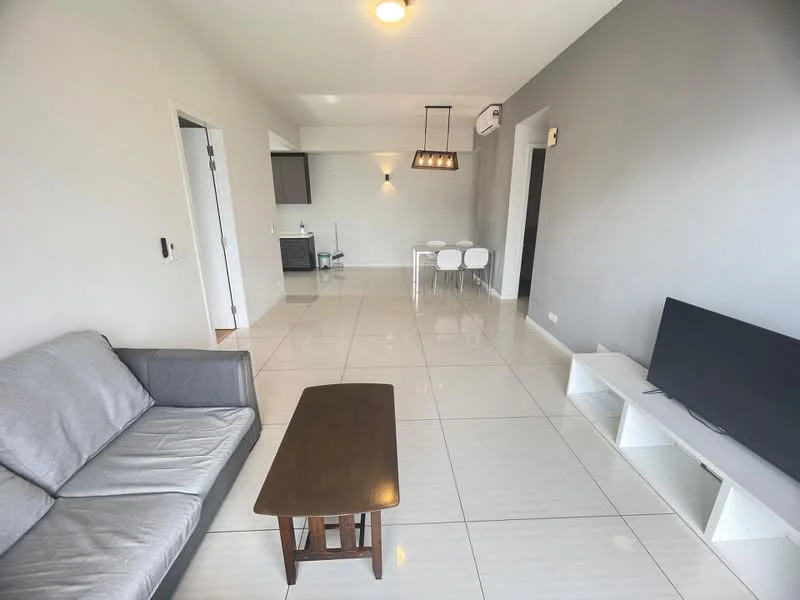 Living features: grey fabric sofa, wood coffee table, wall-mounted TV, white TV console, large floor tiles, recessed ceiling lights, air conditioning unit, neutral painted walls, open layout to dining area; style: modern. Dining features: 4-seater dining table, white dining chairs, pendant lighting above table, neutral painted walls, open layout to living area; style: modern.