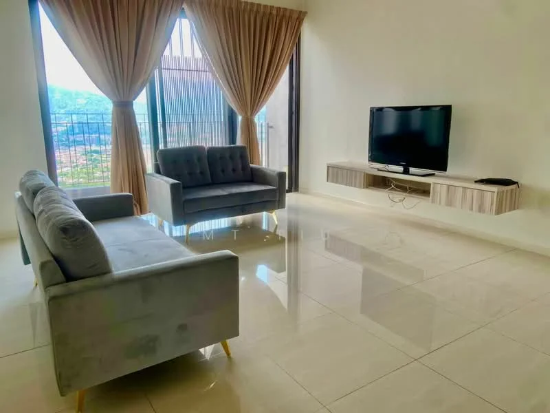 Living features: 2-seater fabric sofa in grey, 3-seater fabric sofa in grey, wall-mounted TV, TV console with wood finish, floor-to-ceiling windows, sheer curtains, polished tile flooring, neutral painted walls, decorative wall paneling, city view; style: modern; view: city.