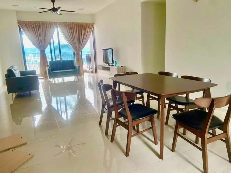 Living features: large floor-to-ceiling windows, curtains, sofa in green fabric, coffee table, TV console, wall-mounted TV, polished tile flooring, ceiling fan, recessed lighting; style: modern; view: city. Dining features: 6-seater dining table, wooden dining chairs with black cushions, polished tile flooring; style: modern; view: city.