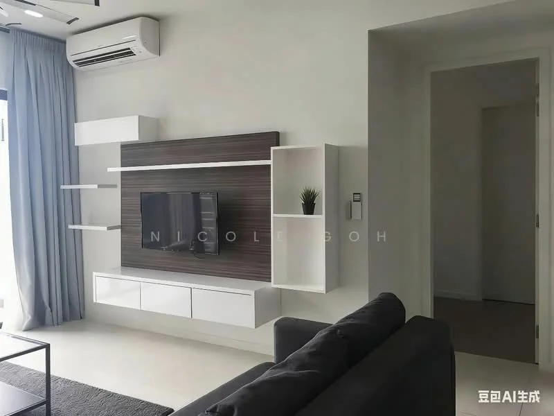 Living features: grey fabric sofa, white TV console, wall-mounted TV, floating shelves, light-colored walls, large window with sheer curtains, air conditioning unit, recessed lighting, light-colored flooring; style: modern.