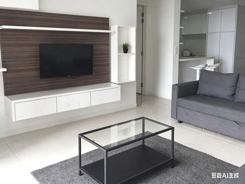 Living features: white painted walls, light-colored tile flooring, wood feature wall, wall-mounted TV, white TV console with drawers, grey fabric sofa, glass coffee table with black frame, area rug in dark color, recessed downlights; style: modern.