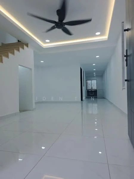 Room features: white painted walls, polished ceramic tile flooring, tray ceiling with recessed lighting, 5-blade ceiling fan, large windows for natural light, staircase leading to upper level, open layout, neutral color scheme; style: modern.