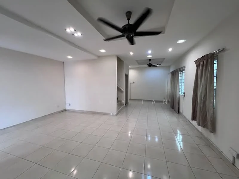 Living features: white painted walls, tile flooring, tray ceiling, recessed downlights, 5-blade ceiling fan, large windows, curtains, open layout; style: modern.