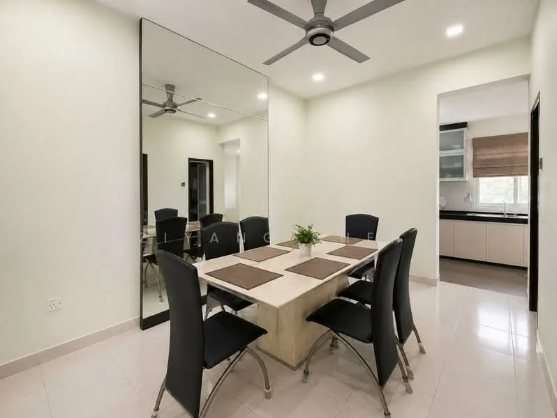 Dining features: rectangular dining table, 6 upholstered dining chairs in black, large wall mirror, ceiling fan with light, white painted walls, tile flooring, natural light from window, decorative plant on table; style: modern. Kitchen features: black cabinetry, white countertop, kitchen appliances visible, window above sink, tile backsplash; style: modern.