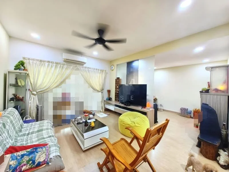 Living features: 5-blade ceiling fan, wall-mounted TV, coffee table, sofa with plaid upholstery, yellow bean bag chair, wooden armchair, decorative plants, light-colored walls, laminate flooring, curtains, recessed lighting; style: modern.