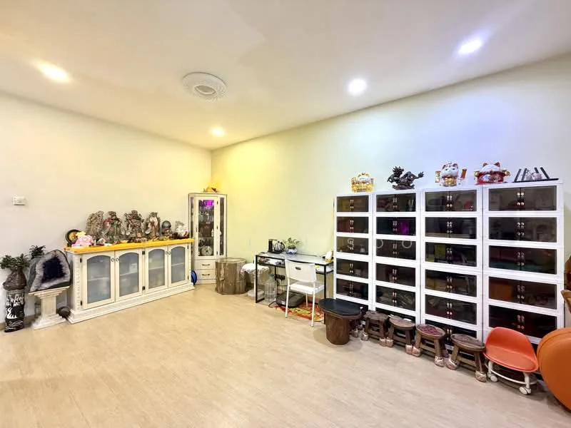 Room features: light-colored walls, recessed ceiling lights, laminate flooring, white display cabinets, decorative figurines, wooden stools, glass display cabinet, small side table; style: modern.