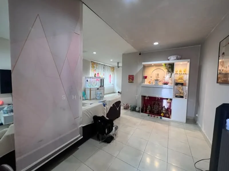Living features: white painted walls, glossy tile flooring, recessed downlights, wall-mounted TV, decorative shelf with items, sofa, small altar or display area, curtains, open layout, decorative wall panel; style: modern.
