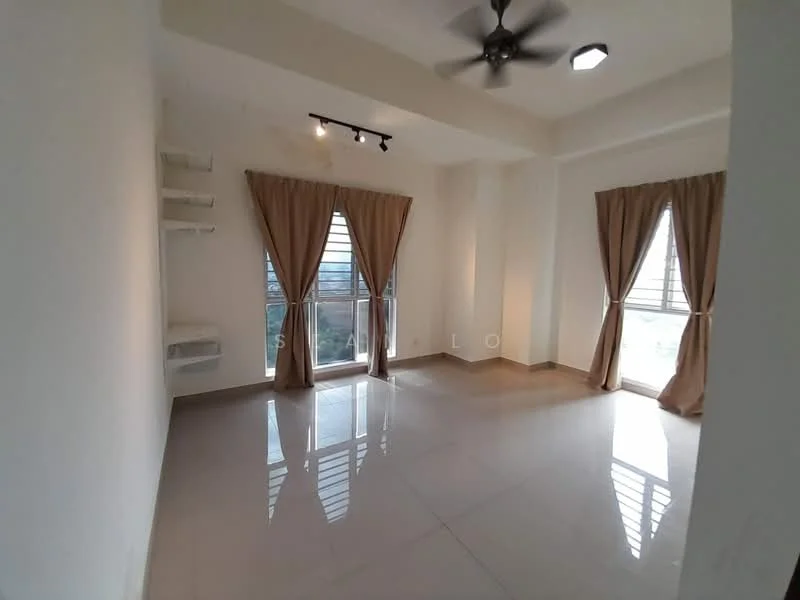 Living features: white painted walls, polished ceramic tile flooring, 5-blade ceiling fan with light, recessed downlights, floor-to-ceiling windows, sheer curtains, brown blackout curtains, open shelving, natural light from windows; style: modern; view: city.