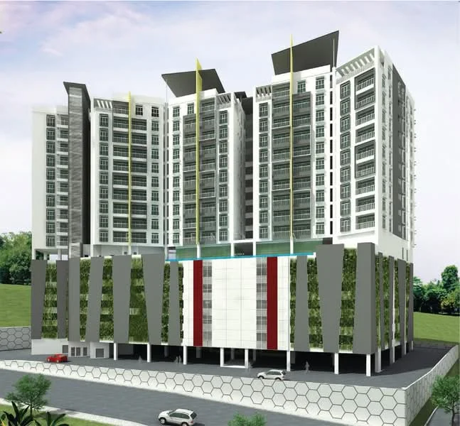 Exterior type: mid-rise condominium; features: glass curtain wall, white painted facade, green vertical landscaping, projecting balconies, flat roof, approximately 8-storey, manicured lawn, surrounded by greenery, driveway with interlocking pavers; style: modern.