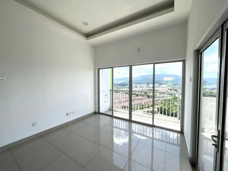 Room features: white painted walls, glossy tile flooring, floor-to-ceiling windows, sliding glass door, mountain view, city view, recessed downlights, balcony access; style: modern; view: city.