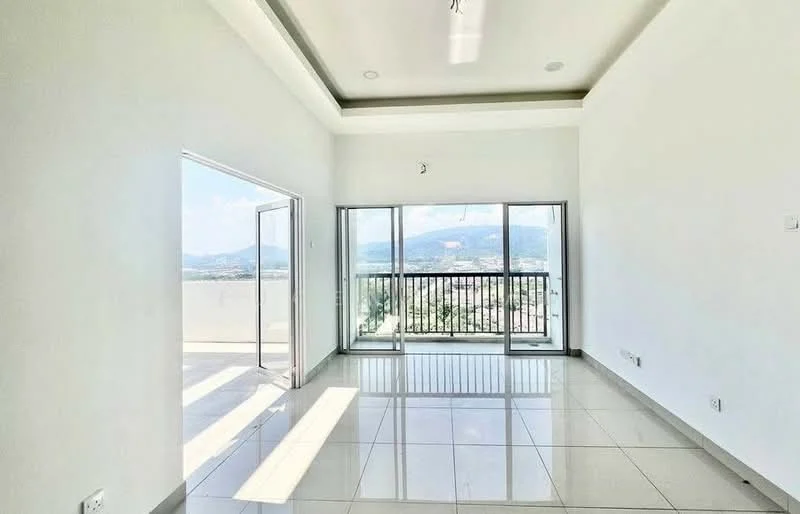Living features: white painted walls, tray ceiling, floor-to-ceiling windows, sliding glass door, porcelain tile flooring, balcony access, mountain view, natural light from windows; style: modern; view: mountain.