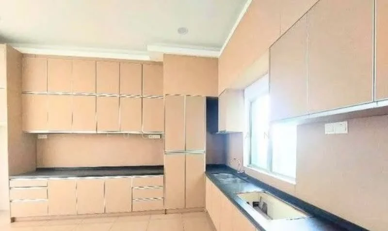 Kitchen features: light brown cabinetry, black countertop, single-bowl stainless-steel sink, window above sink, built-in appliances, tile flooring, recessed lighting, smooth ceiling; style: modern.