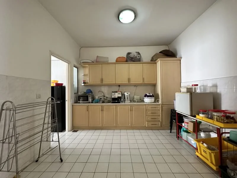 Kitchen features: cream cabinetry, white tiled walls, white tiled flooring, countertop with appliances, built-in oven, microwave, electric kettle, rice cooker, dishwasher, refrigerator, open shelving, folding drying rack, colorful storage bins, window with natural light, ceiling light fixture; style: modern.