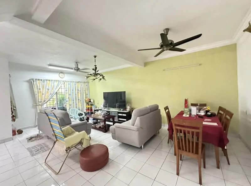 Living features: light green accent wall, white painted walls, white tiled flooring, exposed beams on ceiling, 2 ceiling fans, sofa in light grey fabric, coffee table, TV console, wall-mounted TV, area rug, dining table with 4 wooden chairs, decorative clock on wall, curtains with vertical stripes; style: modern.