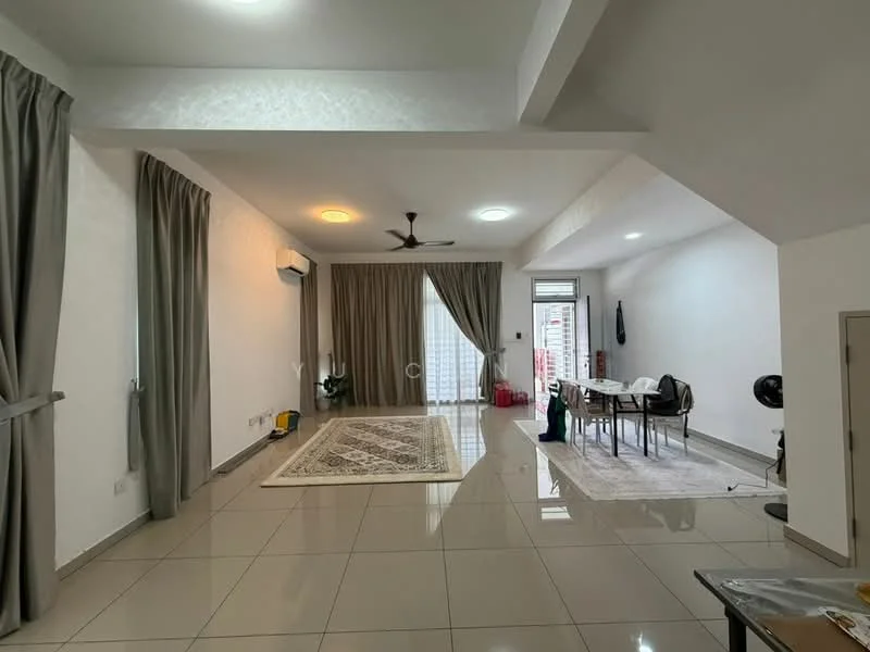 Living features: cream painted walls, white ceiling, 5-blade ceiling fan with light, recessed downlights, large floor-to-ceiling windows, sliding glass door, grey area rug, marble tile flooring, dining table with chairs, decorative wall art, curtains, wall-mounted fan; style: modern; view: garden.