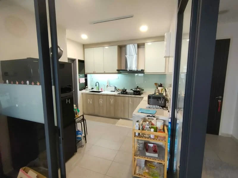 Kitchen features: white upper cabinets, wood lower cabinets, black countertop, stainless-steel sink, chrome pull-down faucet, built-in gas stove, exhaust hood, microwave, black refrigerator, tile backsplash, grey tile flooring, open shelving, kitchen island, window with natural light; style: modern.