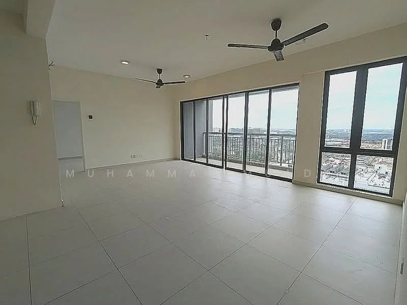 Living features: large floor-to-ceiling windows, sliding glass door, 2 ceiling fans, neutral painted walls, light-colored tile flooring, open layout, balcony access, city view; style: modern; view: city.