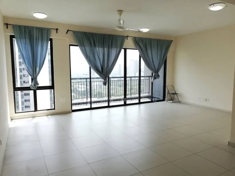 Living features: large floor-to-ceiling windows, sliding glass door, blue sheer curtains, white painted walls, light-colored tiled flooring, ceiling fan, recessed downlights, open layout, balcony view, minimalist decor; style: modern; view: city.
