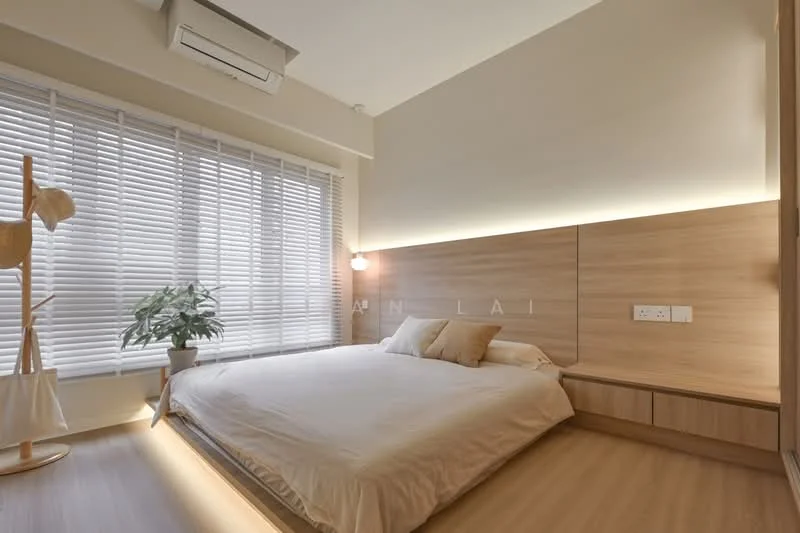 Bedroom features: queen-size bed with white bedding, wooden headboard, built-in bedside cabinets, recessed lighting, wall-mounted light fixture, laminate flooring, floor-to-ceiling windows with blinds, indoor plant in ceramic pot, wall-mounted air conditioning unit; style: modern.