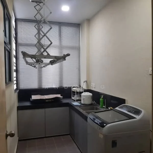 Laundry features: black countertop, grey cabinetry, single-bowl stainless-steel sink, chrome pull-down faucet, front-load washing machine, window with blinds, overhead lighting, tile flooring; style: modern.