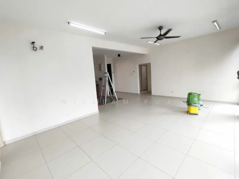 Living features: white painted walls, tile flooring, ceiling fan, LED ceiling lights, large windows, open layout, neutral color scheme, clean and uncluttered space; style: modern.