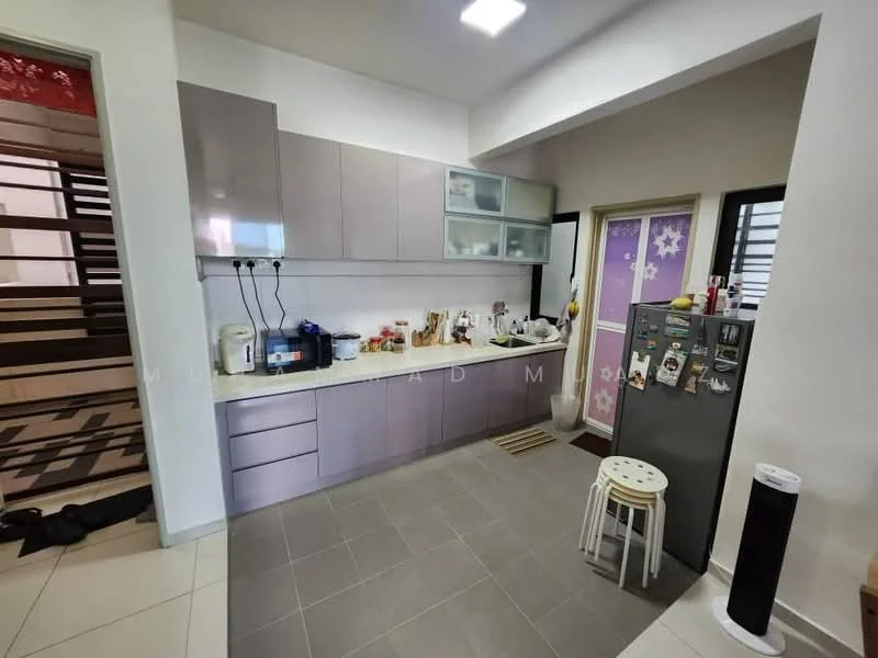 Kitchen features: grey flat-panel cabinets, white countertop, stainless-steel fridge, built-in oven, ceramic tile flooring, wall-mounted electrical outlets, kitchen sink, multiple kitchen appliances, stool, open shelving, window with blinds; style: modern.