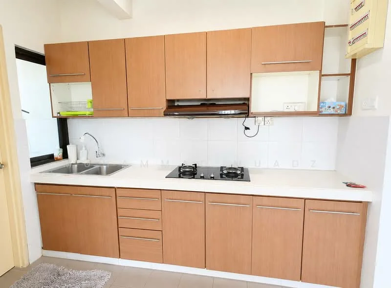 Kitchen features: laminate cabinetry in wood finish, white countertop, double-bowl stainless-steel sink, chrome pull-down faucet, 4-burner gas hob, white tiled backsplash, wall-mounted range hood, open shelving, floor tiles in light grey, window for natural light; style: modern.