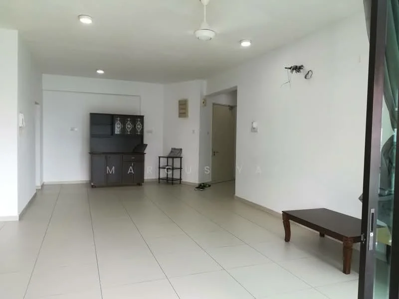 Living features: white painted walls, tile flooring, ceiling fan, wall-mounted light fixture, large windows, wooden coffee table, dark wood cabinet, door leading to balcony, open layout; style: modern.
