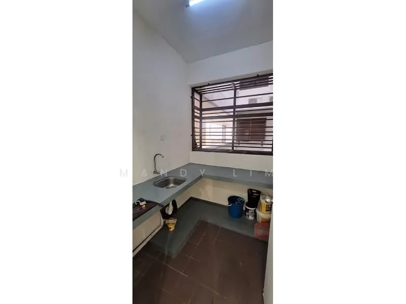 Kitchen features: single-bowl stainless-steel sink, chrome faucet, light blue countertop, white cabinetry, dark tiled flooring, window with horizontal blinds, wall-mounted shelves, painted walls in white; style: modern.