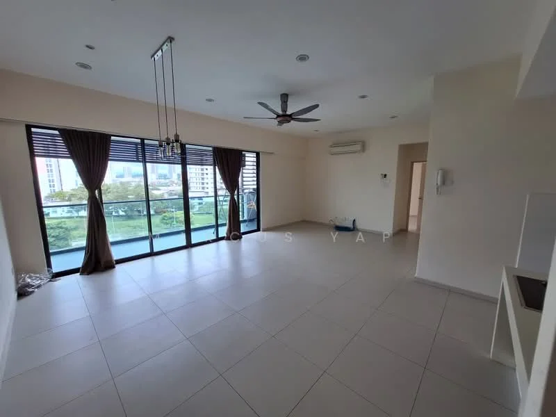 Living features: floor-to-ceiling windows, sliding glass door, 5-blade ceiling fan with light, recessed downlights, cream painted walls, tile flooring, curtains, air conditioning unit, view of greenery; style: modern; view: garden.