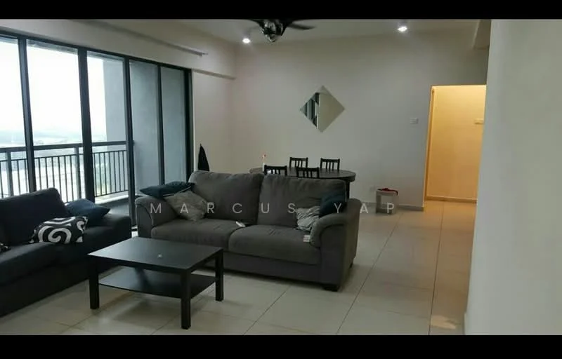 Living features: 3-seater fabric sofa in grey, black coffee table, floor-to-ceiling windows, city view, ceiling fan, light-colored walls, tile flooring, decorative mirror, dining table with chairs in background; style: modern; view: city.