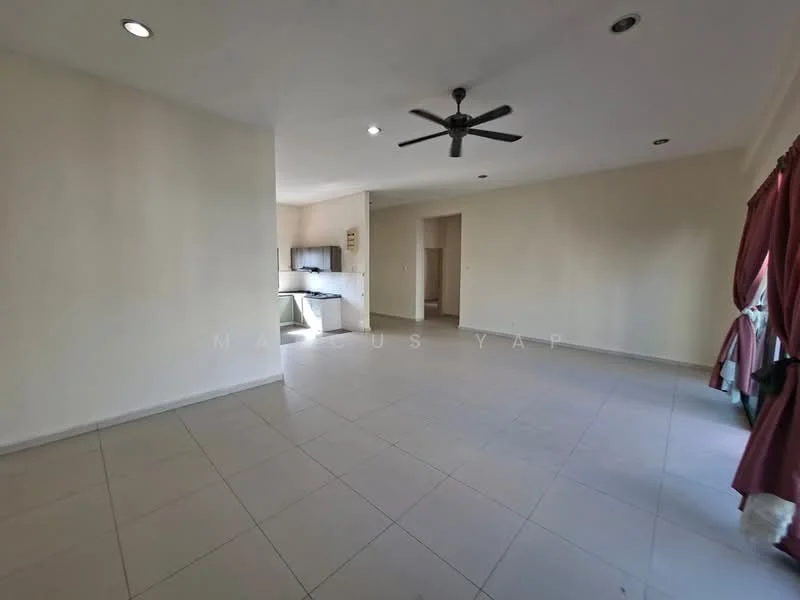 Living features: white painted walls, tile flooring, 5-blade ceiling fan, recessed downlights, large windows with red curtains, open layout to kitchen, neutral color scheme, spacious area; style: modern.