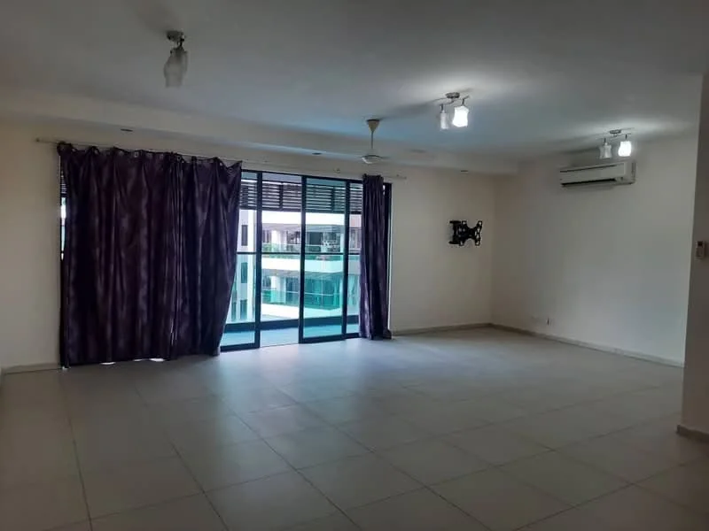 Living features: large sliding glass door, floor-to-ceiling windows, purple curtains, white painted walls, ceiling fan, recessed downlights, air conditioning unit, tile flooring; style: modern; view: pool.