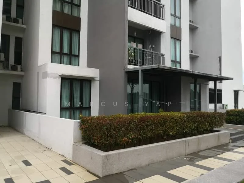Exterior type: low-rise apartment block; features: grey painted facade, white painted facade, balconies with glass railings, manicured hedges, paved walkway, ground floor patio area, air conditioning units visible, large windows with sheer curtains; style: modern.