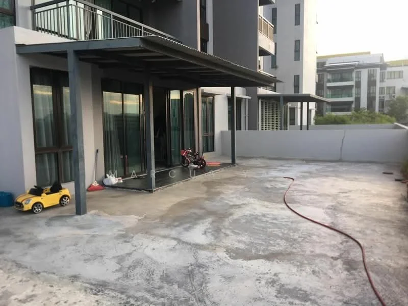 Exterior type: low-rise apartment block; features: concrete patio, glass sliding doors, metal awning, balcony with railing, outdoor space, children's toy car, bicycle, garden hose, surrounding greenery; style: modern.
