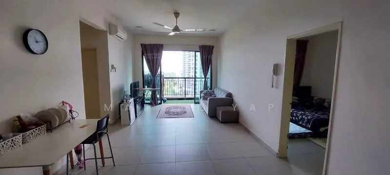 Living features: floor-to-ceiling windows, sliding glass door, balcony access, 3-blade ceiling fan, wall-mounted TV, sofa in light grey, area rug with geometric pattern, coffee table, TV console, decorative wall clock, curtains, white painted walls, tile flooring; style: modern; view: city. Dining features: dining table with chairs, white painted walls, tile flooring; style: modern.