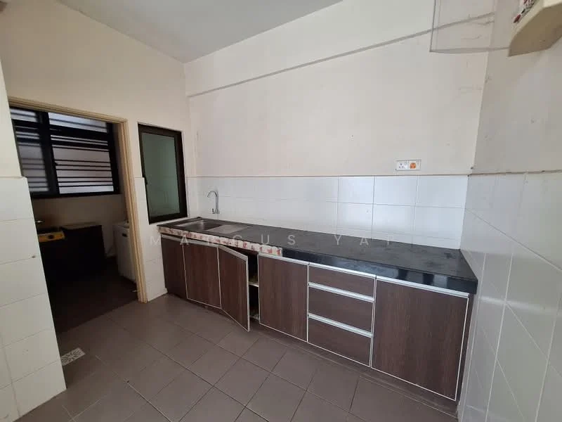 Kitchen features: dark granite countertop, brown cabinetry with drawers and doors, single-bowl stainless-steel sink, chrome faucet, white tiled backsplash, grey ceramic tile flooring, window for natural light, space for appliances.
