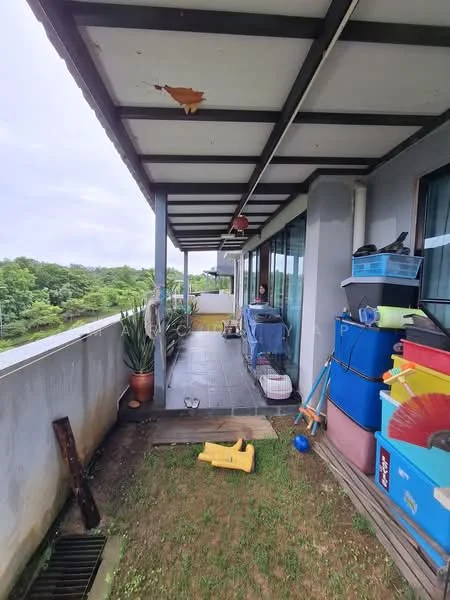 Room features: covered balcony, grey tiled flooring, metal roof, glass sliding doors, greenery view, potted plants, storage boxes, plastic toys, wooden decking, grass area; view: garden.
