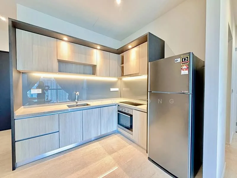 Kitchen features: light wood cabinetry, grey countertop, stainless-steel single-bowl sink, chrome pull-down faucet, built-in oven, stainless-steel fridge, ceramic tile flooring, recessed downlights, grey backsplash, open shelving; style: modern.