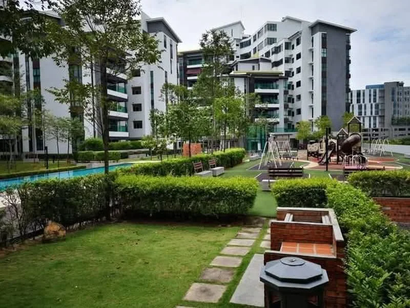 Exterior type: mid-rise condominium; features: landscape garden, manicured lawn, children's playground, swimming pool, pathway with stone pavers, benches, mature trees, play equipment, greenery, outdoor seating area; style: modern.