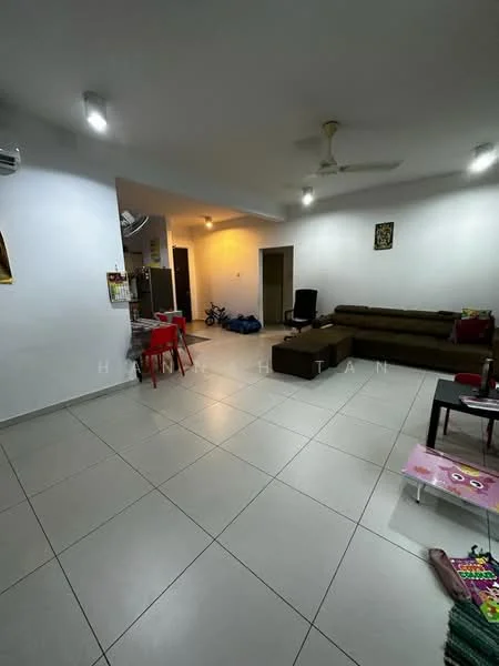 Living features: white painted walls, tile flooring, ceiling fan, recessed downlights, 3-seater fabric sofa in brown, coffee table, TV console, area rug, open layout, visible entrance to other rooms; style: modern.