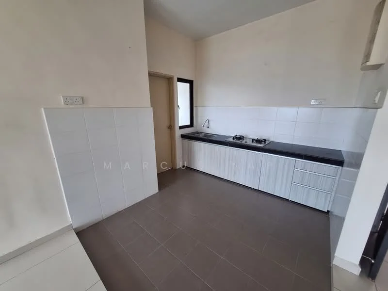 Kitchen features: white tiled walls, grey laminate cabinetry, black granite countertop, stainless-steel sink, 2-burner gas hob, window for natural light, floor tiles in brown, single door leading to another room; style: modern.