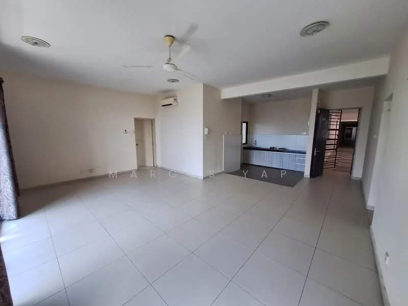 Living features: white painted walls, tile flooring, ceiling fan, air conditioning unit, large windows, curtains, open layout, neutral color scheme; style: modern. Kitchen features: kitchen counter, cabinets, stainless-steel sink, built-in appliances, open layout; style: modern.