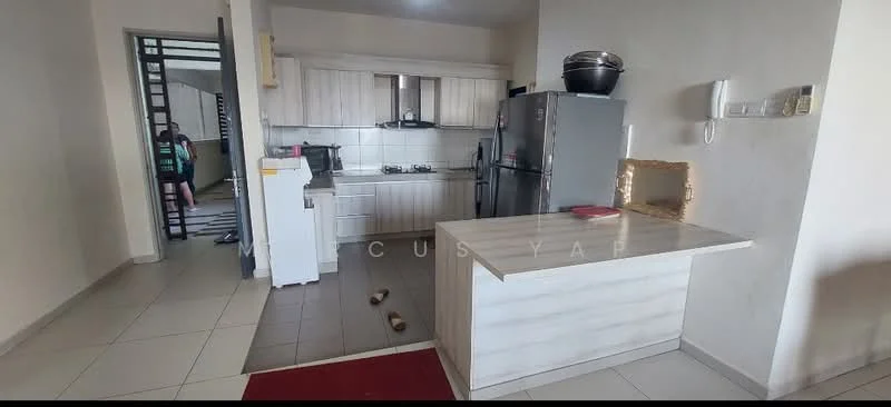Kitchen features: white shaker cabinets, grey marble countertop, stainless-steel fridge, built-in oven, 4-burner gas hob, single-bowl stainless-steel sink, chrome pull-down faucet, ceramic tile flooring, white tiled backsplash, recessed downlights, open shelving, kitchen island with seating, wall-mounted intercom; style: modern. Room features: cream painted walls, tile flooring, doorway leading to living area.