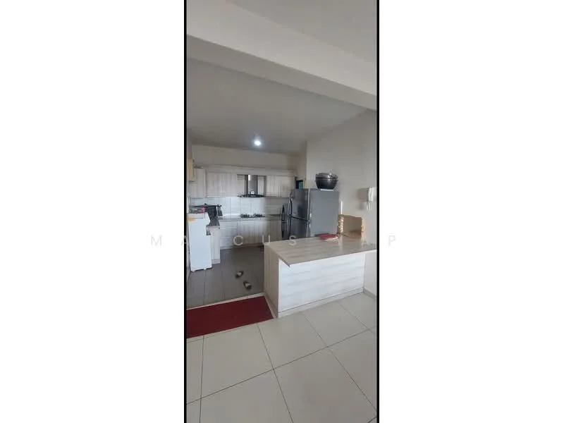 Kitchen features: white cabinetry, stainless-steel fridge, built-in oven, 4-burner gas hob, white tiled backsplash, grey countertop, single-bowl stainless-steel sink, pendant lighting, tile flooring, open layout, kitchen island, wall-mounted cabinets, window for natural light; style: modern.