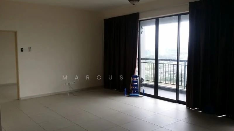 Living features: large sliding glass door, floor-to-ceiling windows, dark brown curtains, cream painted walls, tile flooring, ceiling light fixture, balcony view, open space layout; style: modern; view: city.