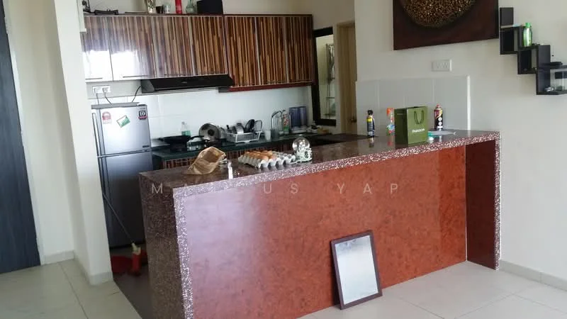Kitchen features: brown granite countertop, wooden cabinetry with vertical slats, stainless-steel fridge, built-in oven, ceramic cooktop, sink with faucet, tile backsplash, open shelving, kitchen island, floor tiles, wall-mounted mirror, decorative items on countertop; style: modern.