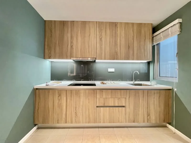 Kitchen features: wood cabinetry, white countertop, stainless-steel sink, chrome pull-down faucet, built-in oven, 4-burner gas hob, glass backsplash, under-cabinet lighting, tile flooring, window with roller blinds, green painted walls; style: modern.